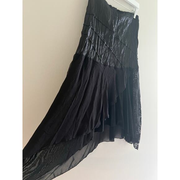 Hazel Anthropologie 100% Silk Midi Skirt w Lace Asymmetrical Hem Split Medium JL - Picture 3 of 9